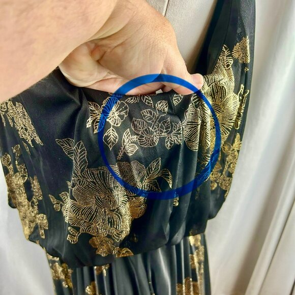 MSK Pleated Gold Print Maxi Dress Women 16 Black Metallic Floral Event Wedding - Picture 10 of 15